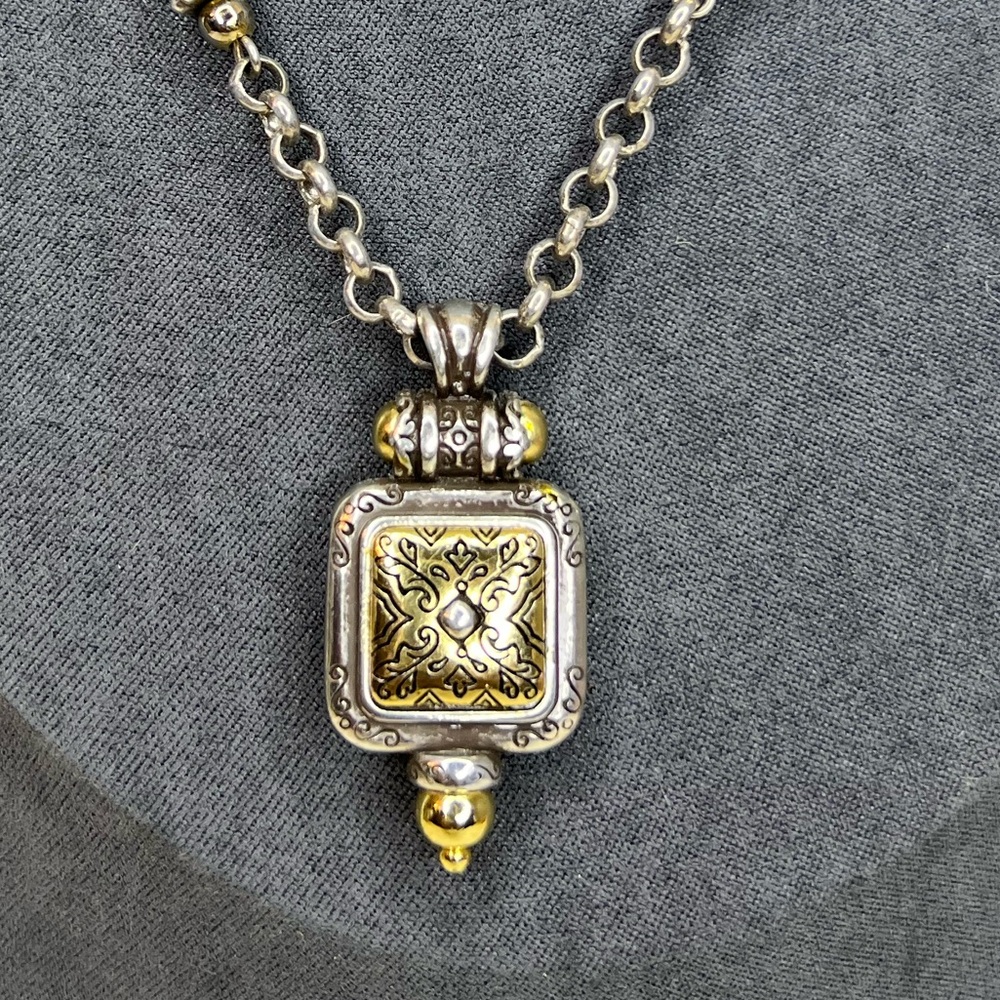 BRIGHTON Retired Necklace Two-Tone Silver and Gold Ornate Scroll Square Pendant